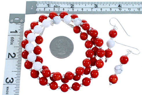 Sterling Silver Navajo Howlite And Coral Bead Necklace And Earrings LX114027